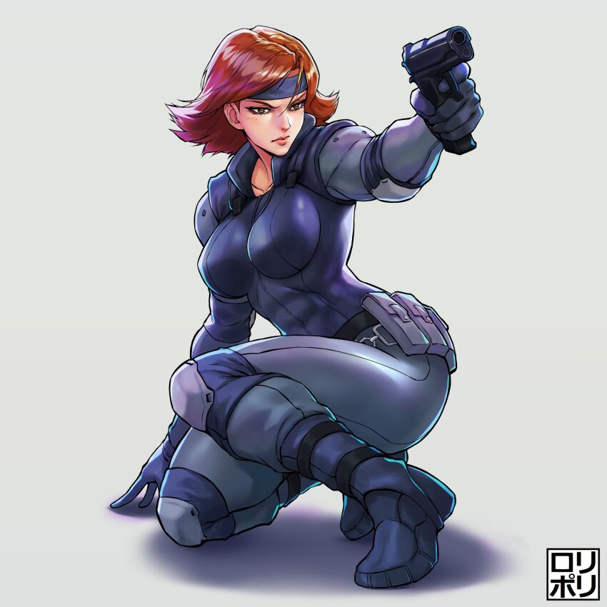 1girl absurdres ammunition_pouch belt_pouch black_boots black_headband bodysuit boots breasts brown_eyes brown_hair elbow_pads finger_on_trigger flipped_hair full_body grey_background grey_bodysuit gun handgun headband highres holding holding_gun holding_weapon jamrolypoly knee_pads large_breasts lips meryl_silverburgh metal_gear_(series) metal_gear_solid on_one_knee pouch serious short_hair skin_tight sneaking sneaking_suit solo weapon