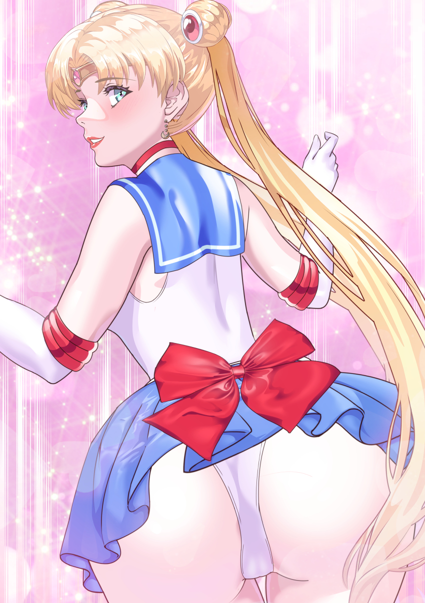 1girl absurdres arion_canvas ass bishoujo_senshi_sailor_moon blonde_hair blue_eyes blue_sailor_collar blue_skirt elbow_gloves gloves highres huge_ass magical_girl miniskirt panties sailor_collar sailor_moon sailor_senshi sailor_senshi_uniform skirt tsukino_usagi twintails underwear white_gloves