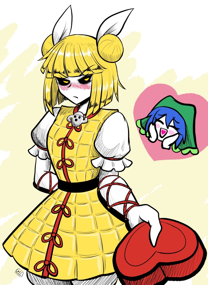 2girls absurdres armor armored_dress blonde_hair blue_hair blunt_bangs blush box commentary double_bun dress gin_ichimaru72 green_headscarf hair_bun hair_ribbon haniyasushin_keiki headscarf heart-shaped_box highres joutouguu_mayumi multiple_girls ribbon short_hair short_sleeves touhou yellow_background yellow_dress yuri