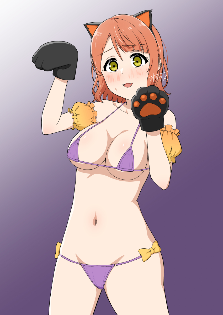 1girl :3 :d absurdres alternate_costume animal_ear_hairband animal_ears animal_hands bikini black_gloves black_hairband blunt_bangs blush bow bow_bikini cat_ear_hairband cat_ears commentary cowboy_shot detached_sleeves fake_animal_ears fang frilled_sleeves frills gloves gradient_background gradient_sleeves hairband half_updo highres looking_at_viewer love_live! love_live!_nijigasaki_high_school_idol_club medium_hair micro_bikini nose_blush ohrinas open_mouth orange_hair orange_sleeves paw_gloves pawpads puffy_short_sleeves puffy_sleeves purple_background purple_bikini short_sleeves smile solo string_bikini sweatdrop swept_bangs swimsuit uehara_ayumu yellow_bow yellow_eyes yellow_sleeves