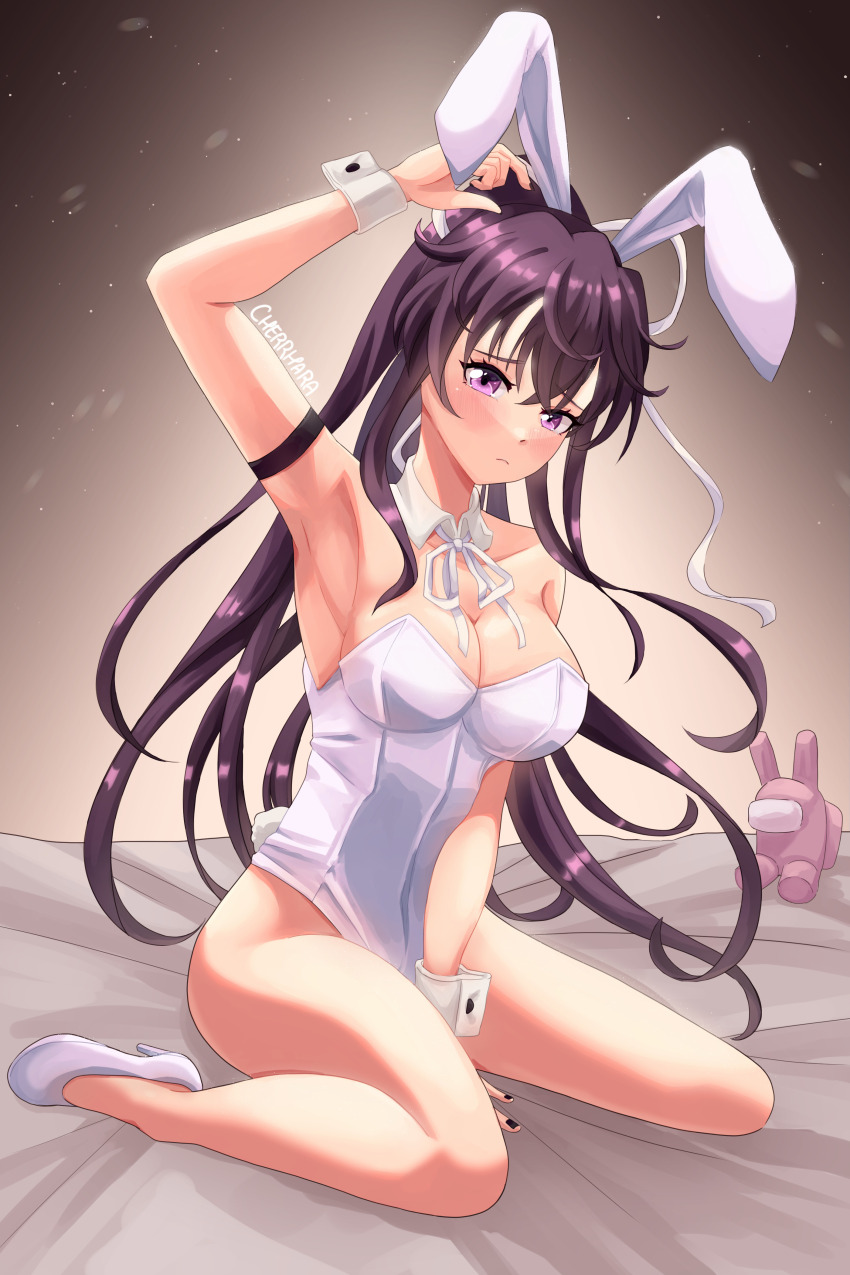 1girl absurdres among_us animal_ears armlet armpits bare_legs bed_sheet between_legs black_hair black_nails blush bow breasts cherrhara closed_mouth collarbone detached_collar embarrassed fake_animal_ears fake_tail full_body gradient_background hair_bow hand_between_legs hand_in_own_hair high_heels highres indoors jewelry kanzaki_kaori large_breasts legs leotard long_hair looking_at_viewer on_bed pink_(among_us) playboy_bunny ponytail purple_eyes rabbit_ears rabbit_tail signature sitting solo strapless strapless_leotard tail thighs toaru_majutsu_no_index very_long_hair wariza white_bow white_footwear white_leotard wrist_cuffs