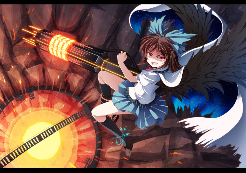 1girl alternate_weapon arm_cannon black_legwear bow brown_hair cape female_focus hair_bow highres letterboxed long_hair open_mouth orange_eyes reiuji_utsuho skirt solo touhou tri weapon wings