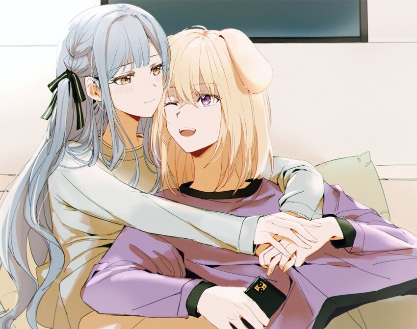 2girls animal_ears bang_dream! bang_dream!_it&#039;s_mygo!!!!! black_ribbon blonde_hair blue_hair blue_shirt couple dog_ears dog_girl fang hair_ribbon hug kemonomimi_mode long_hair long_sleeves medium_hair misumi_uika multiple_girls one_eye_closed open_mouth purple_eyes purple_shirt rhapsode ribbon shirt sidelocks teeth togawa_sakiko upper_teeth_only yellow_eyes yuri