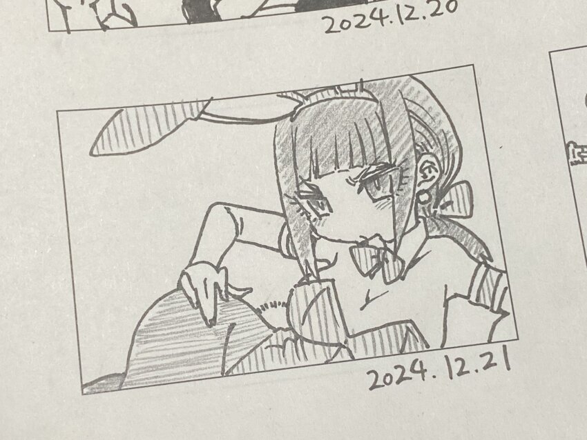 1girl 2025 :/ alternate_breast_size alternate_hairstyle animal_ears bleach blush breasts chibi cleavage curvy dated dokugamine_riruka earrings embarrassed fake_animal_ears fake_tail fingernails hand_on_own_hip hanya_(hanya_yashiki) highleg highleg_leotard highres jewelry large_breasts leotard long_hair looking_at_viewer low_ponytail lying monochrome nail_polish on_side pantyhose photo_(medium) playboy_bunny ponytail rabbit_ears rabbit_tail simple_background solo tail traditional_media tsundere twintails very_long_hair white_background
