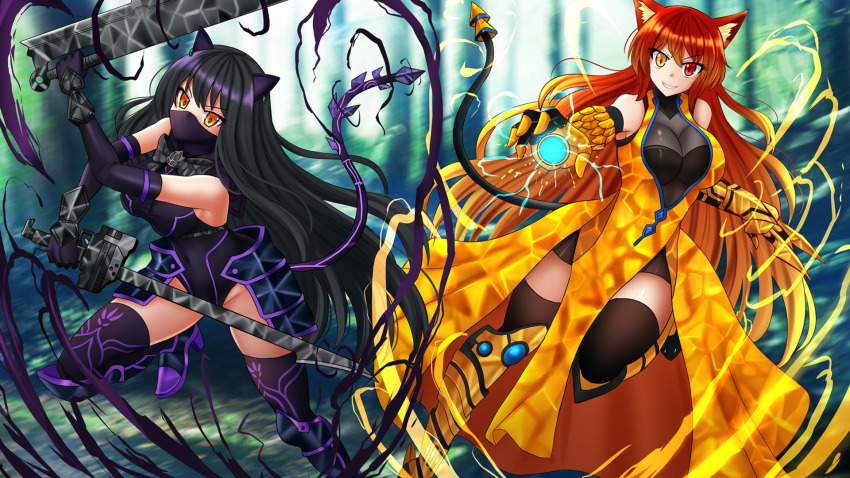 2girls ahoge alternate_breast_size alternate_eye_color alternate_hair_color alternate_hair_length alternate_hairstyle animal_ears arm_blade aura bare_tree black_hair blake_belladonna branch breasts cat_ears cat_girl cat_tail cleaver combination_weapon commentary commission ember_celica_(rwby) flower gambol_shroud heterochromia highres kama_(weapon) katana kazenokaze kusarigama large_breasts long_hair looking_at_viewer mask medium_breasts mouth_mask multicolored_hair multiple_girls nature outdoors pistol_sword plant prosthesis prosthetic_arm red_eyes red_hair ribbon rwby sickle sword tail tree vambraces wavy_hair weapon yang_xiao_long yellow_eyes