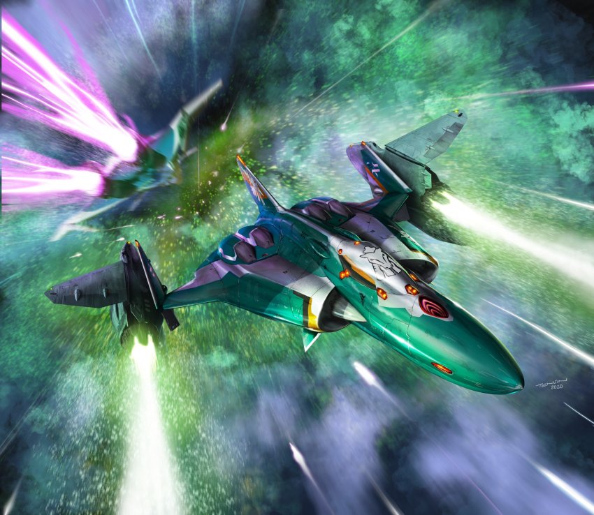 airborne_laser aircraft airplane dated directed-energy_weapon energy_cannon energy_weapon fighter_jet firing flying highres laser laser_cannon macross macross_delta mecha military military_vehicle motion_blur no_humans official_art robot science_fiction signature space sv-262 tenjin_hidetaka thrusters vehicle_focus vf-31 vf-31j