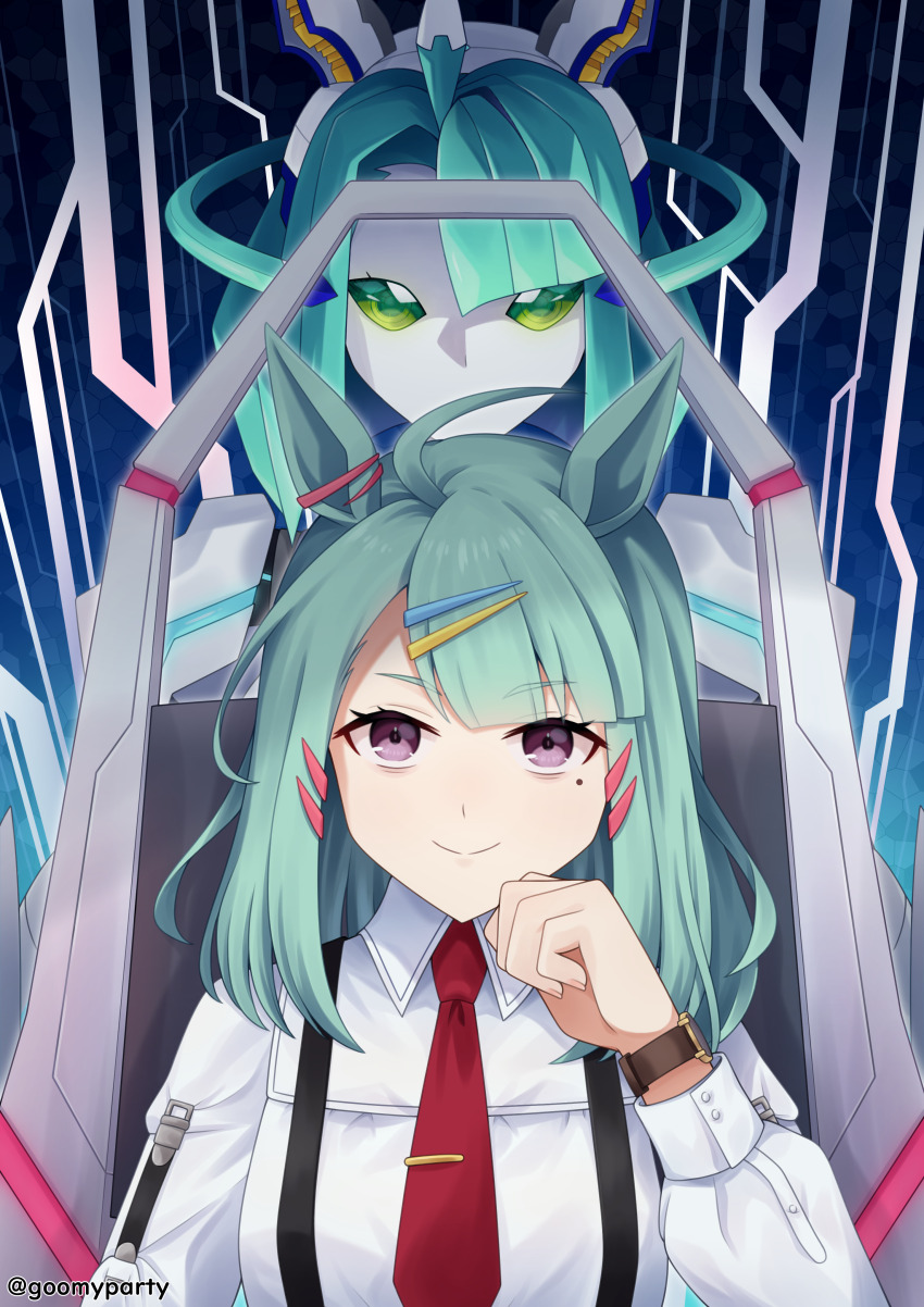 2girls absurdres ahoge animal_ears breasts circuit closed_mouth cockpit collared_shirt colored_sclera commentary_request goom_(goomyparty) green_eyes green_hair hair_ornament hairclip hand_up highres horse_ears long_sleeves mecha_umamusume_st-2_(umamusume) medium_breasts mole mole_under_eye multiple_girls necktie puffy_long_sleeves puffy_sleeves purple_eyes red_necktie robot robot_girl shirt smile sugar_lights_(umamusume) tie_clip twitter_username umamusume watch white_shirt wristwatch