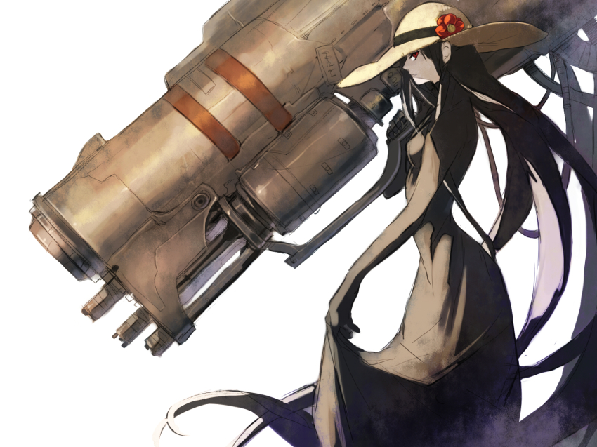 amano_hana black_hair dress flower gloves gun hat highres huge_weapon red_eyes solo weapon