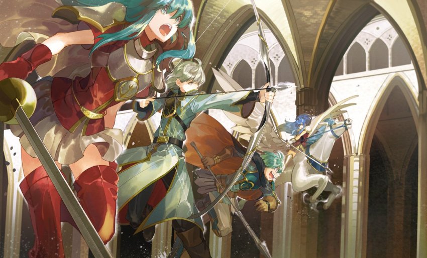 2boys 2girls ahoge armor arrow_(projectile) blonde_hair blue_hair boots bow_(weapon) brother_and_sister cape eirika_(fire_emblem) ephraim_(fire_emblem) fire_emblem fire_emblem:_the_sacred_stones gloves green_hair holding holding_bow_(weapon) holding_weapon horseback_riding innes_(fire_emblem) long_hair multiple_boys multiple_girls nintendo noki_(affabile) pegasus pegasus_knight_uniform_(fire_emblem) riding siblings skirt smile tana_(fire_emblem) twins weapon