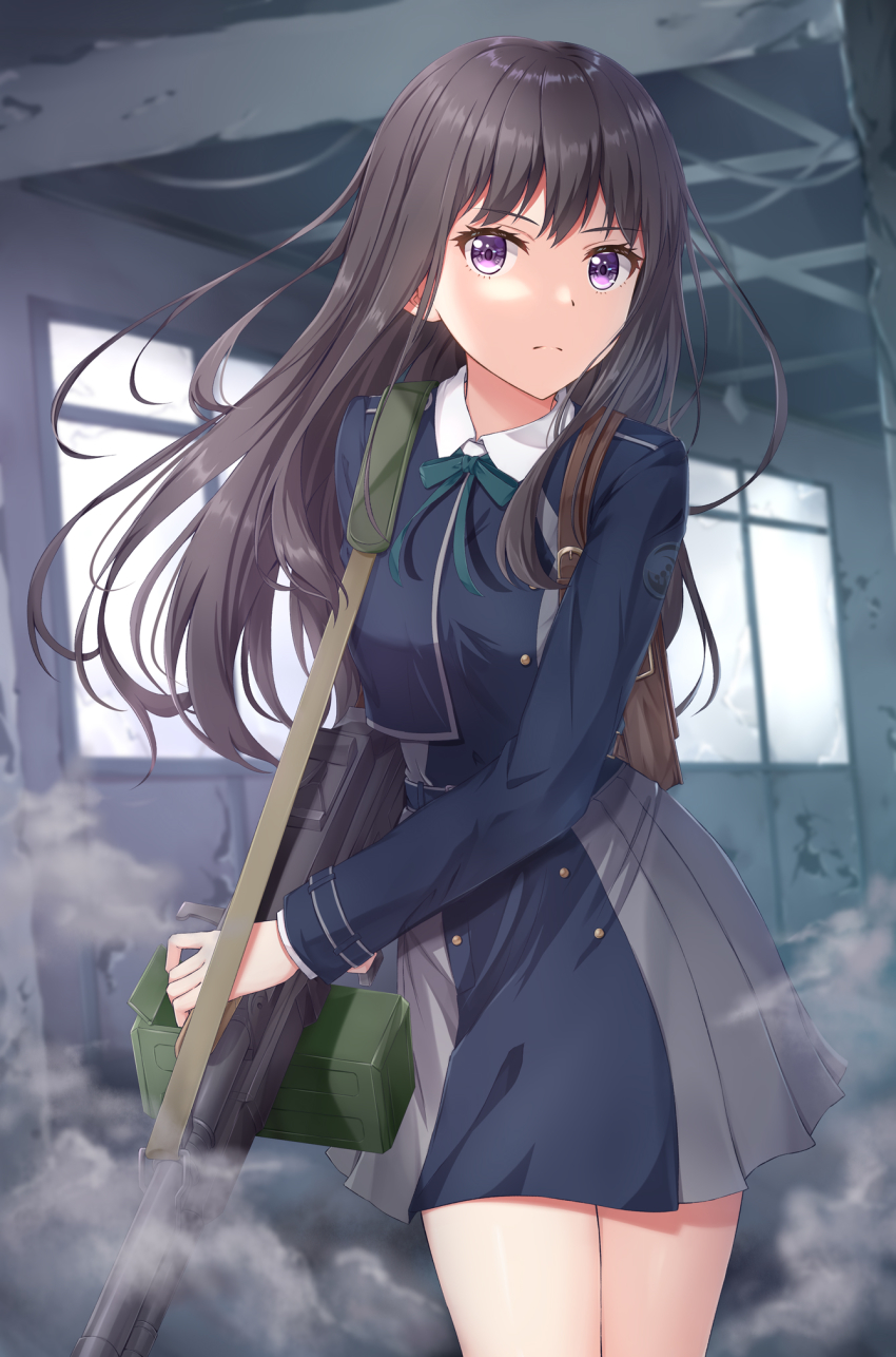 1girl backpack bag black_hair closed_mouth collared_shirt commentary cowboy_shot dress green_ribbon gun highres holding holding_weapon inoue_takina kalashnikov long_hair long_sleeves looking_at_viewer lycoris_recoil lycoris_uniform machine_gun muwa12 pkm purple_eyes ribbon shirt solo two-tone_dress weapon