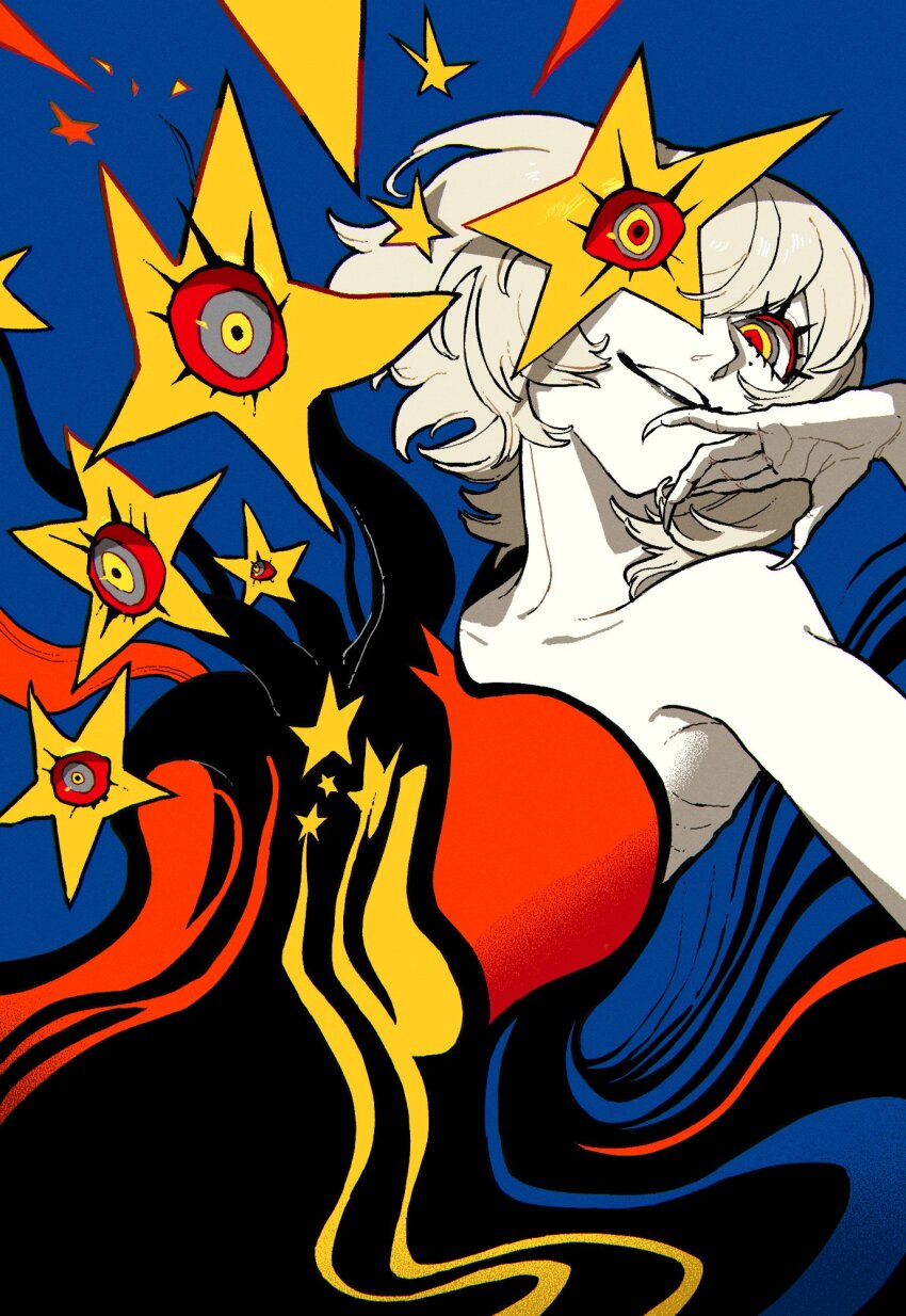 1girl blonde_hair blue_background colored_skin fingernails grey_eyes highres looking_at_viewer momomo_906 multicolored_eyes original red_eyes sharp_fingernails short_hair solo star_(symbol) upper_body white_skin yellow_eyes