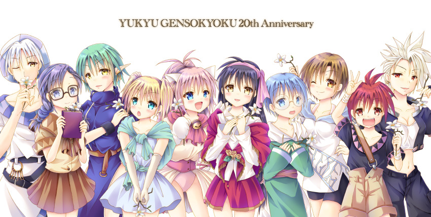 3boys 6+girls aleph_coulson animal_ears animal_hands arm_up bell belt black_hair blonde_hair blouse blue_eyes blue_hair blue_robe blush bob_cut book bow braid breasts bridal_gauntlets brown_eyes brown_hair capelet cat_ears cat_tail cheryl_christia christpher_cross closed_mouth collarbone copyright_name cowboy_shot dress elf elle_louise everyone flower glasses gloves gradient_hair green_capelet green_eyes green_hair hair_between_eyes hair_ribbon hat high_ponytail highres holding holding_book holding_flower hood hoodie leotard lisa_meccano long_hair long_sleeves looking_at_viewer low-tied_long_hair low_twin_braids low_twintails maria_short melody_sinclair multicolored_hair multiple_boys multiple_girls open_mouth oversized_clothes patty_sole paw_gloves pete_ross pink_bow pink_hair pink_leotard pleated_skirt pointy_ears ponytail purple_hat red_eyes red_hair ribbon robe sheela_sheffield shirt short_hair short_sleeves short_twintails simple_background skirt smile spiked_hair standing tail tail_ornament tail_ribbon thighhighs tooth twin_braids twintails v white_flower white_hair white_hoodie wide_ponytail yellow_dress yellow_eyes yellow_thighhighs yorarry yuukyuu_gensoukyoku