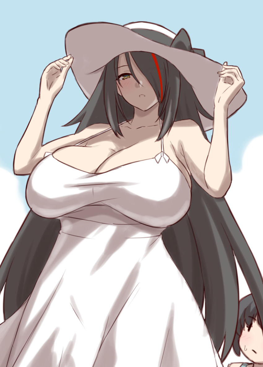 1boy 1girl 2channel bare_shoulders black_hair breasts brown_eyes cleavage collarbone dress guriguri_(arayotto4351) hair_over_one_eye hasshaku-sama hat highres huge_breasts long_hair looking_at_viewer multicolored_hair original red_hair short_hair streaked_hair sun_hat sundress tall_female white_dress white_headwear