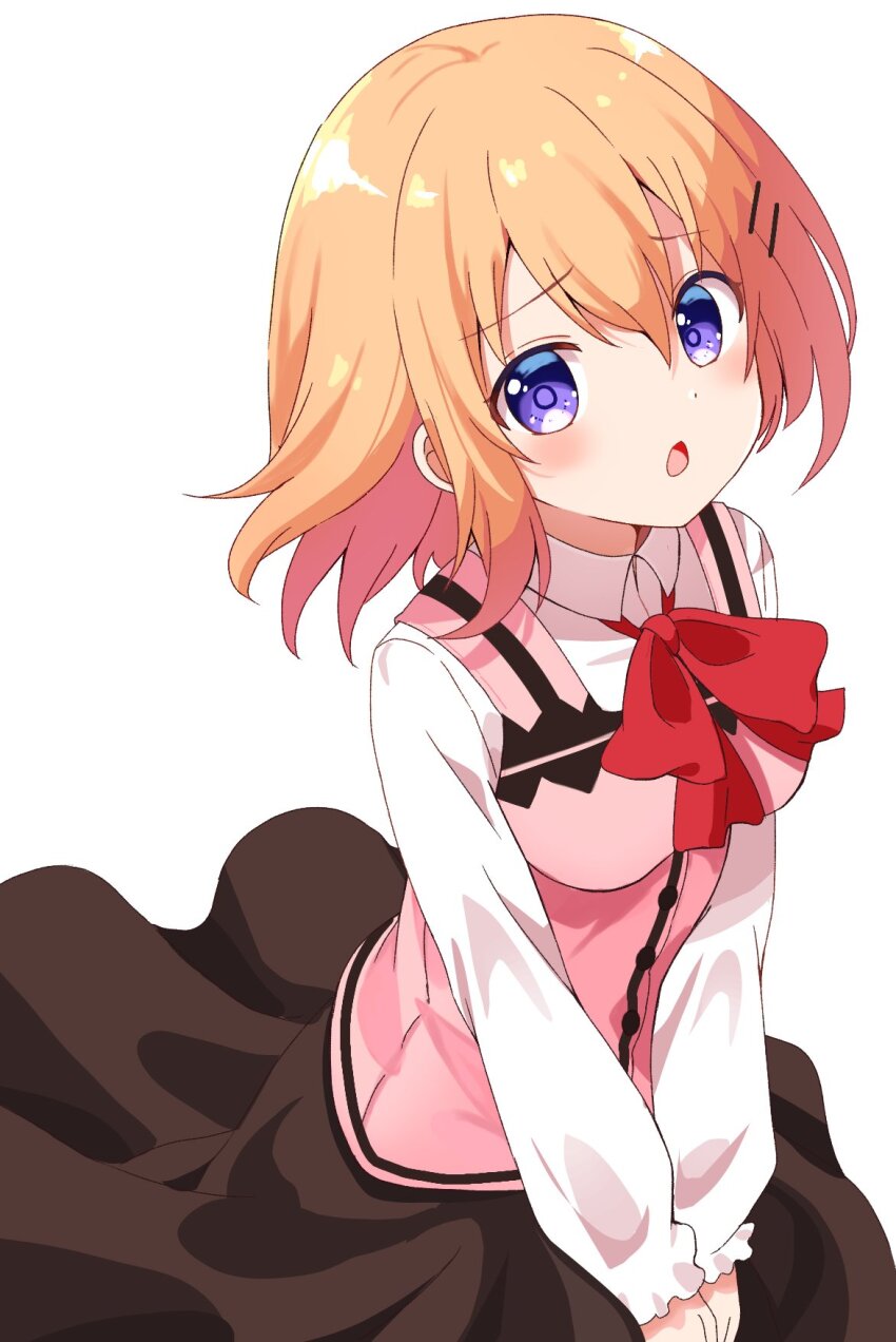 1girl blush bow bowtie breasts brown_skirt collared_shirt commentary_request cowboy_shot floating_clothes floating_hair frown furrowed_brow gochuumon_wa_usagi_desu_ka? hair_between_eyes hair_ornament hairclip highres hoto_cocoa long_skirt long_sleeves looking_at_viewer medium_breasts medium_hair open_mouth orange_hair parallel_hairclips pink_vest poteto_furai purple_eyes purple_pupils red_bow red_bowtie shirt simple_background skirt solo v_arms vest white_background white_shirt
