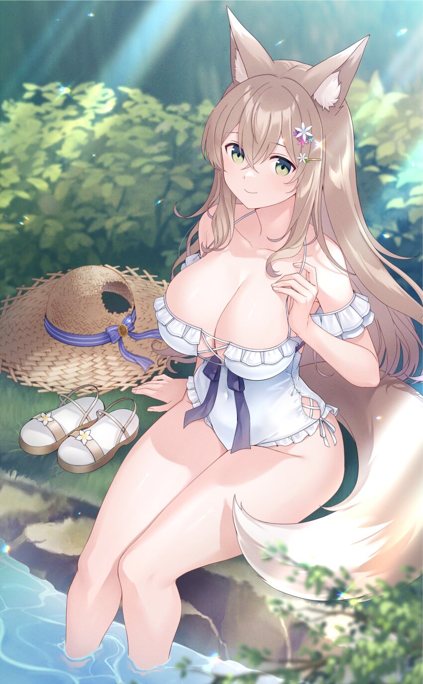 1girl absurdres animal_ear_fluff animal_ears aruma_(goma) blue_flower breasts bush cleavage closed_mouth collarbone commission covered_navel crossed_bangs e_(eokiba) flower green_eyes hair_flower hair_ornament hat highres large_breasts light_brown_hair long_hair one-piece_swimsuit original pink_flower purple_flower sandals skeb_commission smile solo sun_hat swimsuit tail unworn_hat unworn_headwear unworn_sandals water white_flower white_one-piece_swimsuit