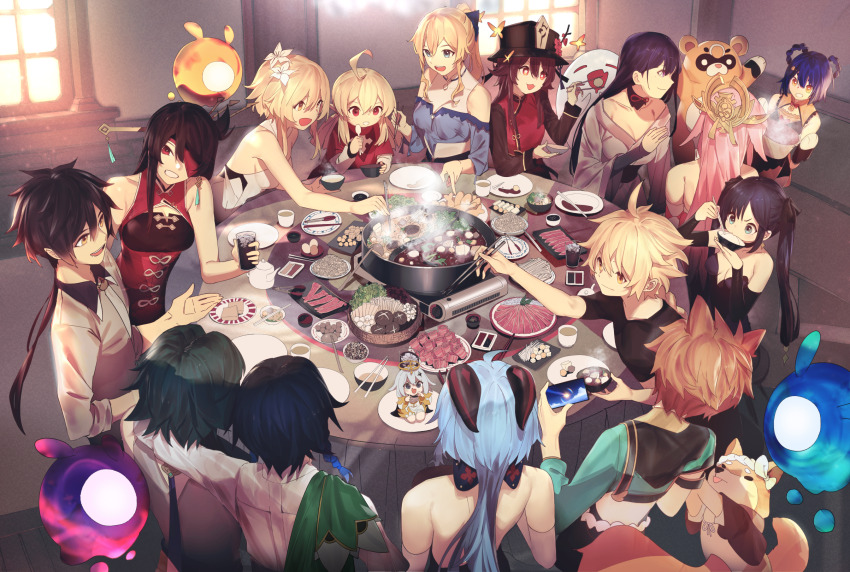 5boys 6+girls aether_(genshin_impact) ahoge alternate_costume animal_ears beef beidou_(genshin_impact) black_shirt blonde_hair blue_eyes blue_hair boo_tao_(genshin_impact) bowl breasts brown_hair chinese_clothes chopsticks cleavage closed_mouth collarbone cup day dog dog_boy dog_ears dress drinking eating enoki_mushroom erotipop flower food ganyu_(genshin_impact) genshin_impact goat_horns gorou_(genshin_impact) green_hair guoba_(genshin_impact) hair_flower hair_ornament hair_over_one_eye highres holding holding_bowl holding_chopsticks holding_spoon horns hotpot hu_tao_(genshin_impact) indoors japanese_clothes jean_(genshin_impact) kettle kimono klee_(genshin_impact) large_breasts lettuce long_hair long_sleeves looking_at_another lumine_(genshin_impact) medium_hair mona_(genshin_impact) multiple_boys multiple_girls mushroom noodles open_mouth orange_eyes paimon_(genshin_impact) pink_hair ponytail purple_eyes purple_kimono raiden_shogun raw_meat red_dress red_eyes restaurant shiitake shirt short_hair short_sleeves shrimp_balls_(food) sitting smile smoke spoon taroumaru_(genshin_impact) tea teacup teeth twintails upper_teeth_only venti_(genshin_impact) white_dress white_flower white_hair white_shirt window xiangling_(genshin_impact) xiao_(genshin_impact) yae_miko zhongli_(genshin_impact)