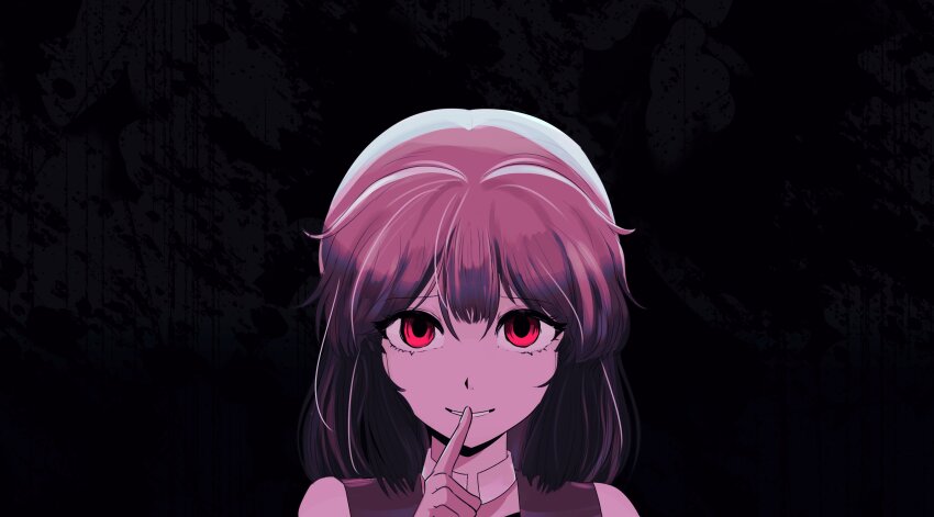 1other absurdres androgynous arde_(len&#039;en) bare_shoulders black_background brown_hair choker crazy crazy_smile ex_mugennumaya eyelashes finger_to_mouth highres jacket kuzu_suzumi len&#039;en medium_hair no_headwear open_clothes open_jacket orange_jacket other_focus parted_lips red_eyes simple_background sleeveless sleeveless_jacket smile solo straight-on teeth upper_body white_choker
