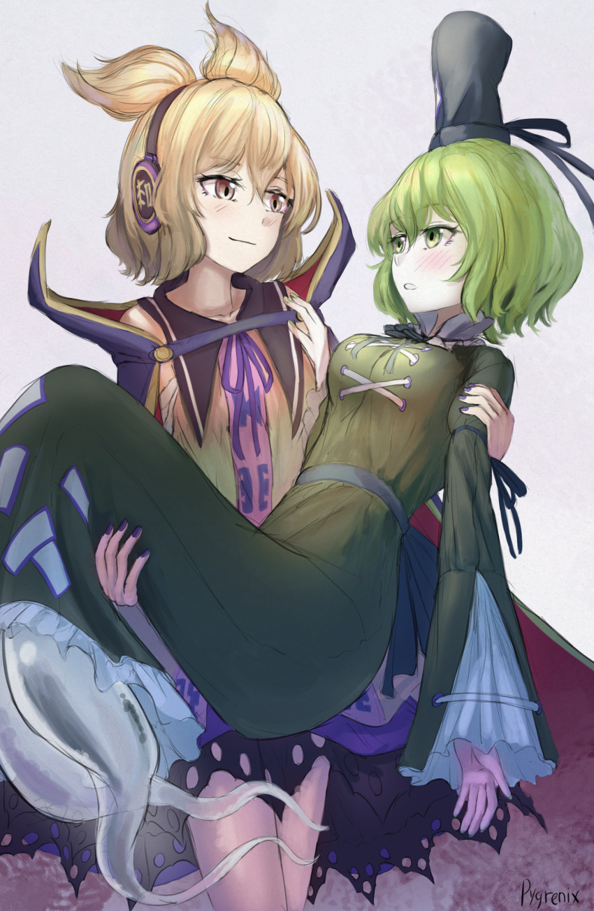 2girls black_hat blush brown_eyes brown_hair cape carrying closed_mouth commentary earmuffs ghost_tail green_eyes green_hair grey_background hat highres long_sleeves looking_at_another multiple_girls ofuda ofuda_on_clothes pointy_hair princess_carry pygrenix short_hair simple_background soga_no_tojiko tate_eboshi touhou toyosatomimi_no_miko yuri