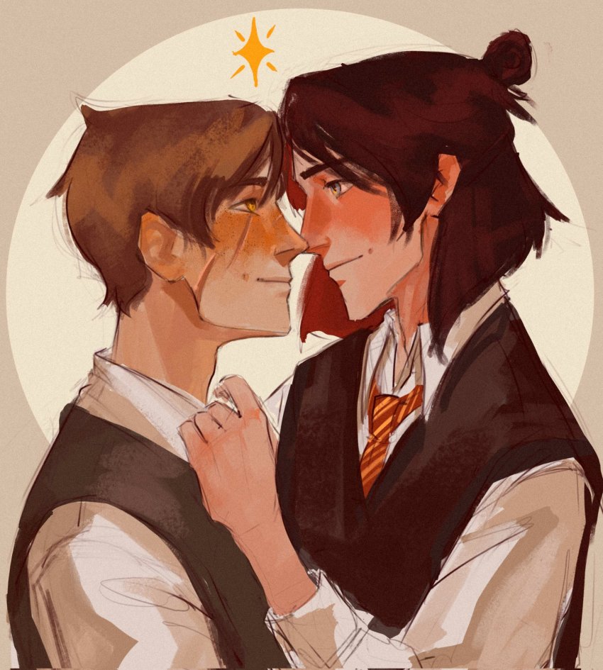 2boys blouse brown_hair closed_mouth collar face-to-face facial_scar hair_bun harry_potter_(series) highres looking_at_another male_focus multiple_boys necktie profile remus_lupin scar scar_across_eye scar_on_cheek scar_on_face school_uniform shirt short_hair sidereumursi single_hair_bun sirius_black striped_necktie striped_neckwear vest white_shirt wing_collar wizarding_world yaoi