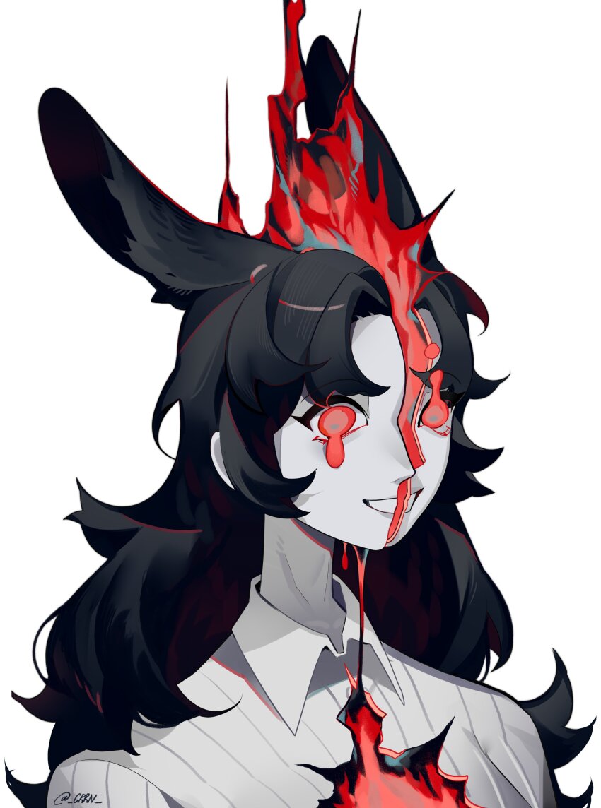 1girl absurdres animal_ears artist_name black_hair blood collared_shirt colored_skin commentary crrn english_commentary grey_shirt grey_skin grin highres long_hair looking_at_viewer melting_eyes original portrait rabbit_ears rabbit_girl red_eyes shirt simple_background smile solo split_head striped_clothes striped_shirt twitter_username white_background