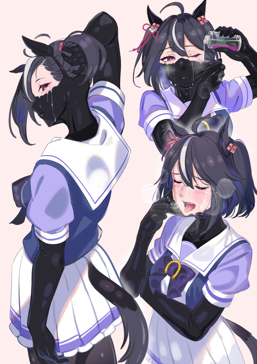1girl absurdres adjusting_hair animal_ears arm_under_breasts arm_up black_bodysuit black_hair blush bodysuit bodysuit_under_clothes bottle breasts chinese_knot closed_eyes collarbone doushi_tatsu_to_dekkai_no ear_ornament hand_on_own_head head_tilt highres holding holding_bottle horse_ears horse_girl kitasan_black_(umamusume) large_breasts long_sleeves lube mask mouth_mask multicolored_hair multiple_views one_eye_closed pleated_skirt purple_shirt sailor_collar school_uniform shirt short_hair simple_background skirt streaked_hair tracen_school_uniform umamusume undersuit white_background white_hair white_sailor_collar white_skirt