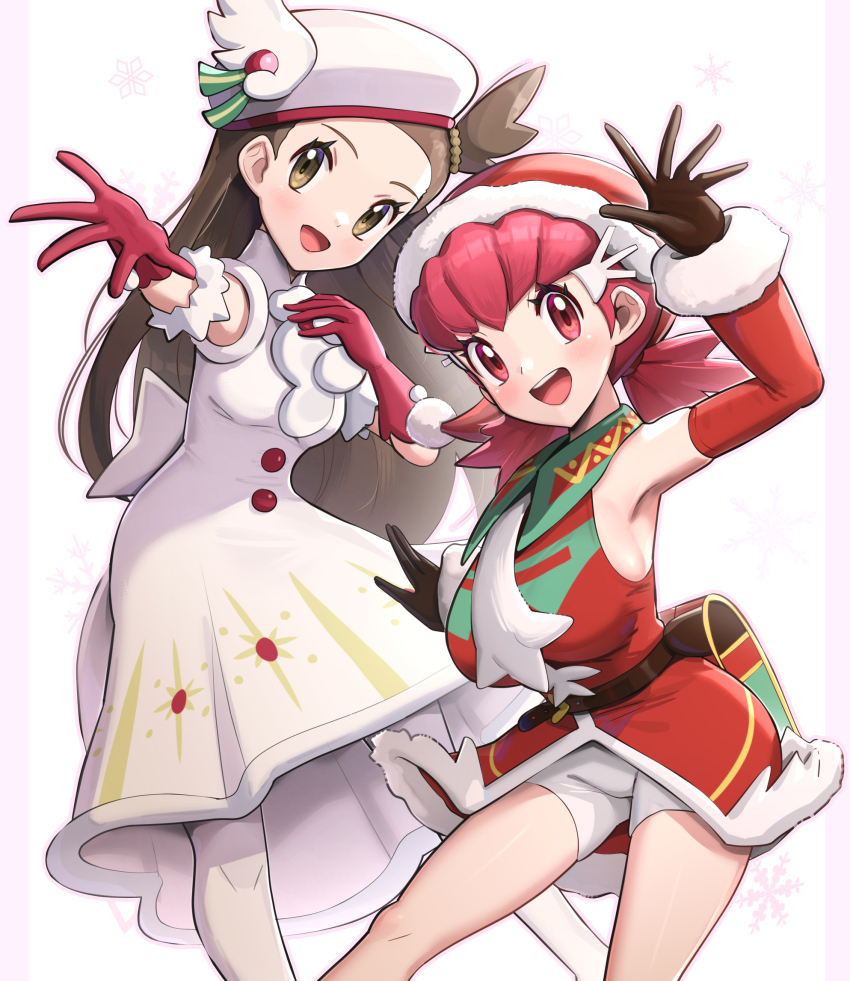 :d arm_up armlet armpits belt breasts brown_belt brown_eyes brown_gloves brown_hair buttons christmas coat collared_coat commentary_request cowboy_shot detached_sleeves dress eyelashes fanny_pack gloves gonzarez happy hat highres jasmine_(holiday_2022)_(pokemon) jasmine_(pokemon) jewelry large_breasts long_hair nintendo official_alternate_costume one_side_up open_mouth outstretched_arm pink_eyes pink_hair pokemon pokemon_masters_ex red_coat red_gloves red_headwear santa_hat shorts simple_background sleeveless sleeveless_coat smile sparkle spread_fingers tongue white_background white_dress white_headwear white_shorts whitney_(holiday_2022)_(pokemon) whitney_(pokemon)