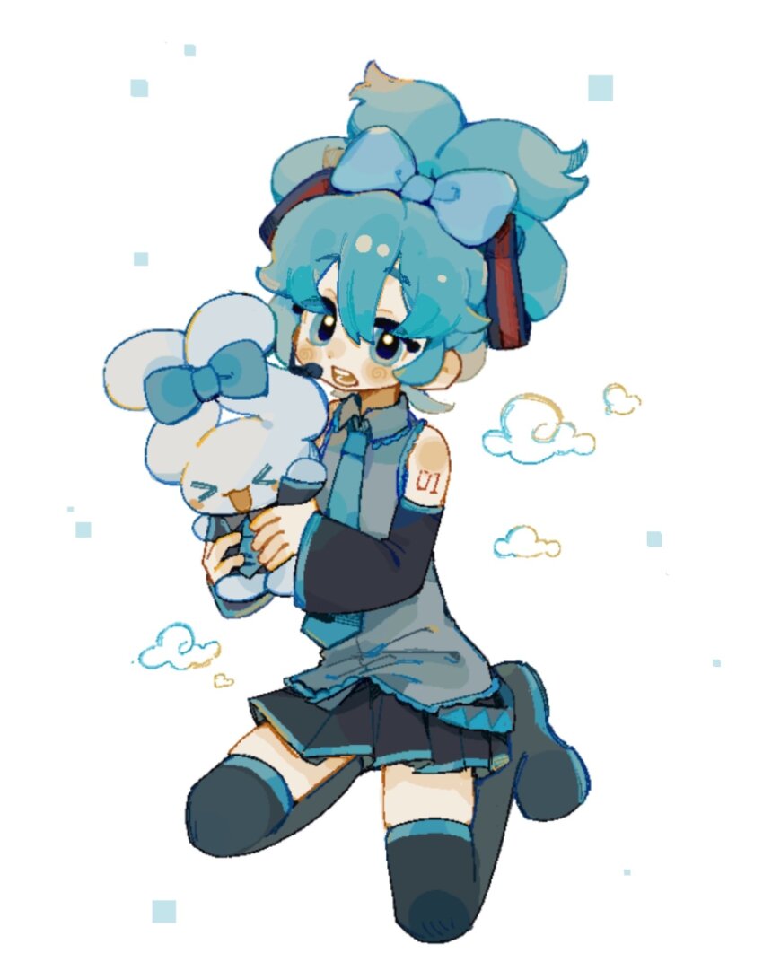 &gt;_&lt; 1girl 1other arm_tattoo black_skirt black_sleeves blue_bow blue_hair blue_necktie blue_trim blush boots bow cinnamiku cloud collared_shirt detached_sleeves ear_blush eyelashes full_body grey_shirt hair_between_eyes hair_bow hair_ornament hatsune_miku headset highres holding long_sleeves looking_at_viewer makeup necktie number_tattoo open_mouth pleated_skirt rouge_(makeup) sanrio shirt short_eyebrows shoulder_blush sitting skirt suuroku tattoo teeth tongue vocaloid white_background