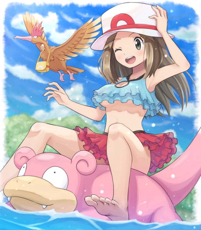 1girl absurdres afloat arm_up armpits barefoot blush breasts brown_hair cleavage cleavage_cutout clothing_cutout cloud commentary_request day eyelashes fearow gen_1_pokemon hand_on_headwear hand_up highres leaf_(pokemon) long_hair nintendo one_eye_closed open_mouth outdoors pokemoa pokemon pokemon_(creature) pokemon_frlg red_skirt riding riding_pokemon sitting skirt sky slowpoke soles teeth toes tongue upper_teeth_only water white_headwear