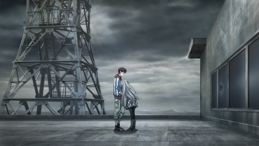1boy 1girl black_pantyhose blue_hoodie boots broken_glass cargo_pants casual checkered_clothes checkered_skirt cloud cloudy_sky ears_visible_through_hair fukuda_tomonori game_cg glass grey_boots grey_hair grey_skirt grey_sky hair_between_eyes head_on_another&#039;s_chest height_difference high-waist_skirt highres hill hood hoodie jacket leaning_forward long_hair long_sleeves non-web_source official_art on_rooftop outstretched_arms pants pantyhose pulling_another&#039;s_clothes red_hair red_hood red_shoes red_trim robotics;notes rooftop scenery shoes skirt sky sneakers striped_clothes striped_hoodie sunlight tower twintails white_jacket yashio_kaito yukifune_airi
