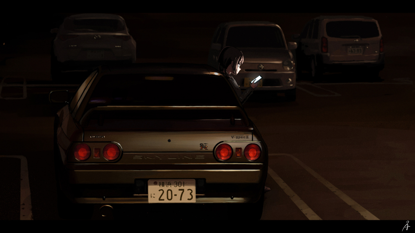 1girl absurdres brown_hair cellphone from_behind highres holding holding_phone license_plate long_sleeves motor_vehicle night nissan nissan_skyline nissan_skyline_gt-r nissan_skyline_r32 original parking_lot phone rudeko32 short_hair smartphone vehicle_focus