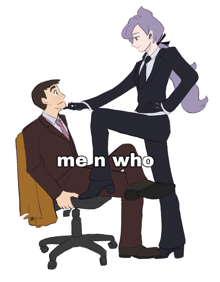 1boy 1girl anabel_(pokemon) black_gloves black_necktie black_shoes chair coat earpiece full_body gloves hand_on_another&#039;s_chin hand_on_own_hip hetero highres looker_(pokemon) looking_at_another marcy_(offthem00n) me_and_who_(meme) meme necktie nintendo office_chair photo-referenced pokemon pokemon_sm purple_hair shoes simple_background sitting sweater_vest swivel_chair trench_coat unworn_coat white_background