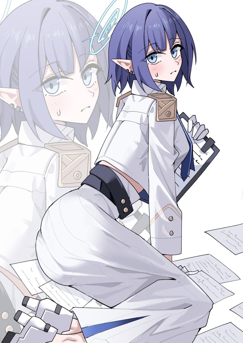 1girl absurdres aoi_(blue_archive) ass blue_archive blue_hair blue_halo blue_necktie earclip gloves halo highres jacket long_skirt necktie oil_sob pointy_ears ribbed_skirt skirt solo white_gloves white_jacket white_skirt