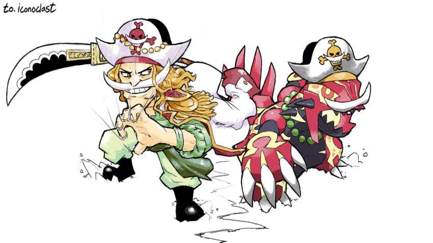 bead_necklace beads black_footwear black_teeth blacknirrow blonde_hair claws clothed_pokemon commission crack crossover edward_newgate facial_hair gen_3_pokemon green_shirt grin groudon hat highres holding holding_sword holding_weapon jacket jewelry legendary_pokemon mustache necklace nintendo one_piece open_clothes open_jacket open_mouth orange_eyes pants pirate_hat pixiv_commission pokemon pokemon_(creature) primal_groudon sharp_teeth shirt simple_background smile standing sword teeth v-shaped_eyebrows weapon white_background white_hat white_jacket white_pants yellow_eyes
