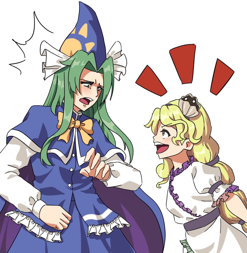 2girls black_hairband blonde_hair blue_capelet blue_hat bow bowtie capelet clam clam_shell clam_shell_ornament dress fossilized_wonders frilled_sleeves frills green_eyes green_hair hair_ornament hairband hat highres long_hair long_sleeves mima_(touhou) multiple_girls open_mouth plaid_clothes plaid_vest praeto shell shell_hair_ornament skirt smile sun_print sun_symbol touhou touhou_(pc-98) vest watari_nina white_dress wizard_hat yellow_bow yellow_bowtie yellow_eyes