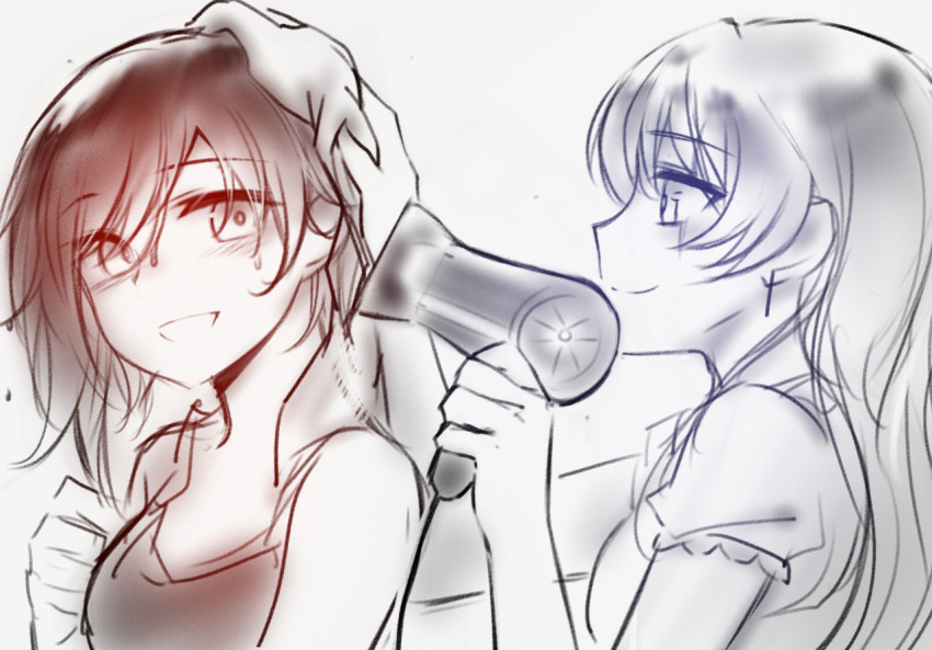 2girls blush earrings female_focus hair_dryer jewelry monochrome multiple_girls multiple_monochrome ndgd ruby_rose rwby scar scar_on_face smile towel weiss_schnee wet wet_hair