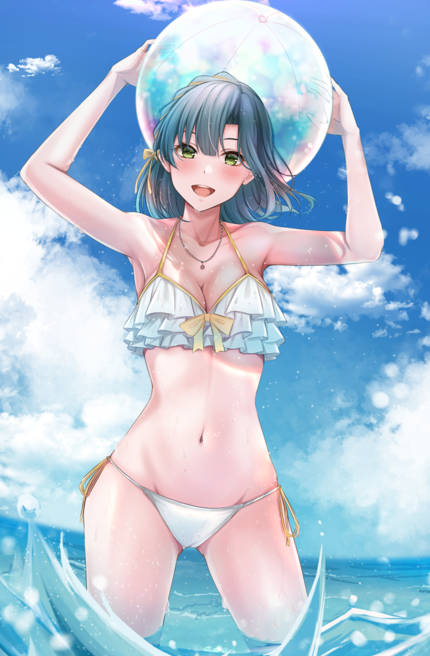 1girl arms_up ball bare_shoulders beachball bikini blue_hair blue_sky blush bow breasts cloud cloudy_sky collarbone commentary_request cowboy_shot day green_eyes highres holding holding_ball holding_beachball idolmaster idolmaster_million_live! idolmaster_million_live!_theater_days jewelry looking_at_viewer medium_breasts medium_hair nanao_yuriko navel necklace ocean open_mouth outdoors side-tie_bikini_bottom sky smile solo stomach swimsuit teeth upper_teeth_only wading wet white_bikini yuzuyu_(hyui)