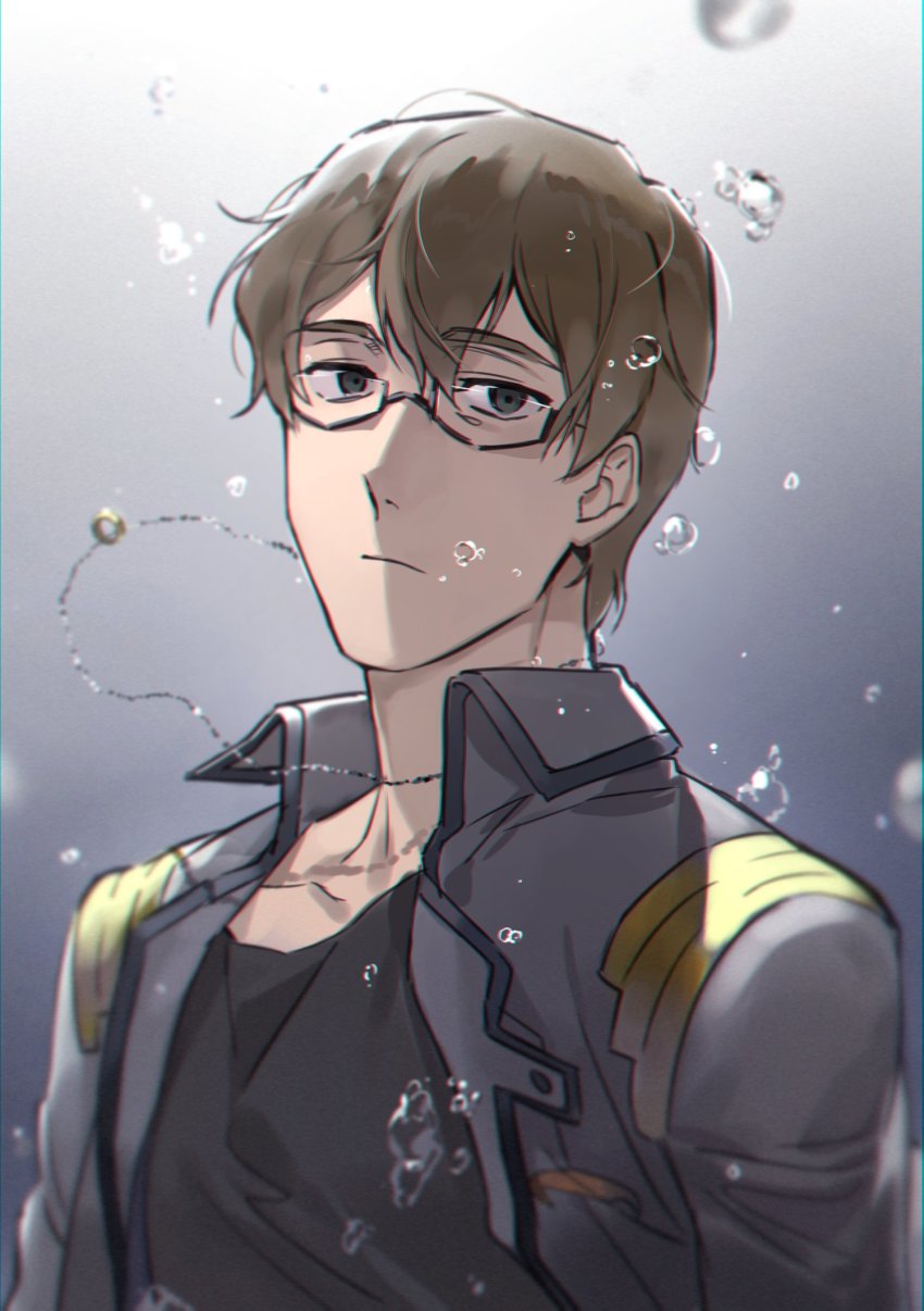 1boy adam_(voltron) black_eyes black_shirt brown_hair closed_mouth glasses highres hyakujuu-ou_golion jewelry looking_at_viewer male_focus military military_uniform necklace oppadalryogo shirt short_hair simple_background solo upper_body voltron:_legendary_defender voltron_(series) water_drop