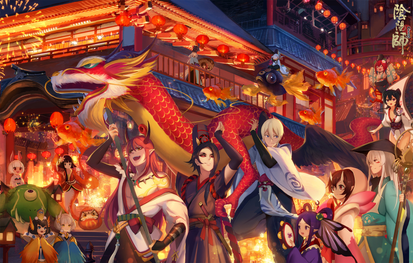 6+boys 6+girls ^_^ animal_ears architecture arm_tattoo bad_id bad_pixiv_id black_hair blonde_hair blue_eyes blunt_bangs blush bob_cut breasts brown_hair butterfly_wings character_request chest_tattoo cleavage closed_eyes closed_mouth colored_sclera copyright_name demon_parade east_asian_architecture fireworks fish flower grey_hair hair_between_eyes hair_flower hair_ornament hair_rings head_wings highres holding holding_instrument holding_umbrella insect_wings instrument jewelry koi lantern large_breasts long_hair looking_at_another looking_away multiple_boys multiple_girls muscular necklace night off_shoulder oil-paper_umbrella onmyoji onmyouji open_mouth orange_wings outdoors paper_lantern pointy_ears purple_eyes purple_hair rabbit_ears red_eyes red_hair red_sclera sheath sheathed short_hair short_hair_with_long_locks sitting smile standing stella_chen_yui tambourine tattoo teeth tooth_necklace umbrella very_long_hair white_hair winged_arms wings yasha_(onmyoji) yellow_eyes