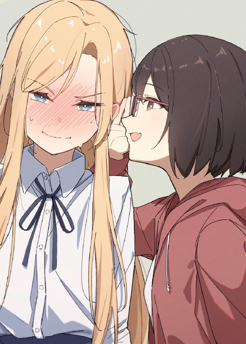 2girls black_necktie blonde_hair blue_eyes blush brown_eyes brown_hair closed_mouth collared_shirt commentary_request eydhtn73bguru8r fang glasses grey_background highres hood hoodie kamikoshi_sorawo long_hair multiple_girls necktie nishina_toriko red-framed_eyewear red_hoodie shirt short_hair simple_background skin_fang smile sweat upper_body urasekai_picnic whispering white_shirt yuri