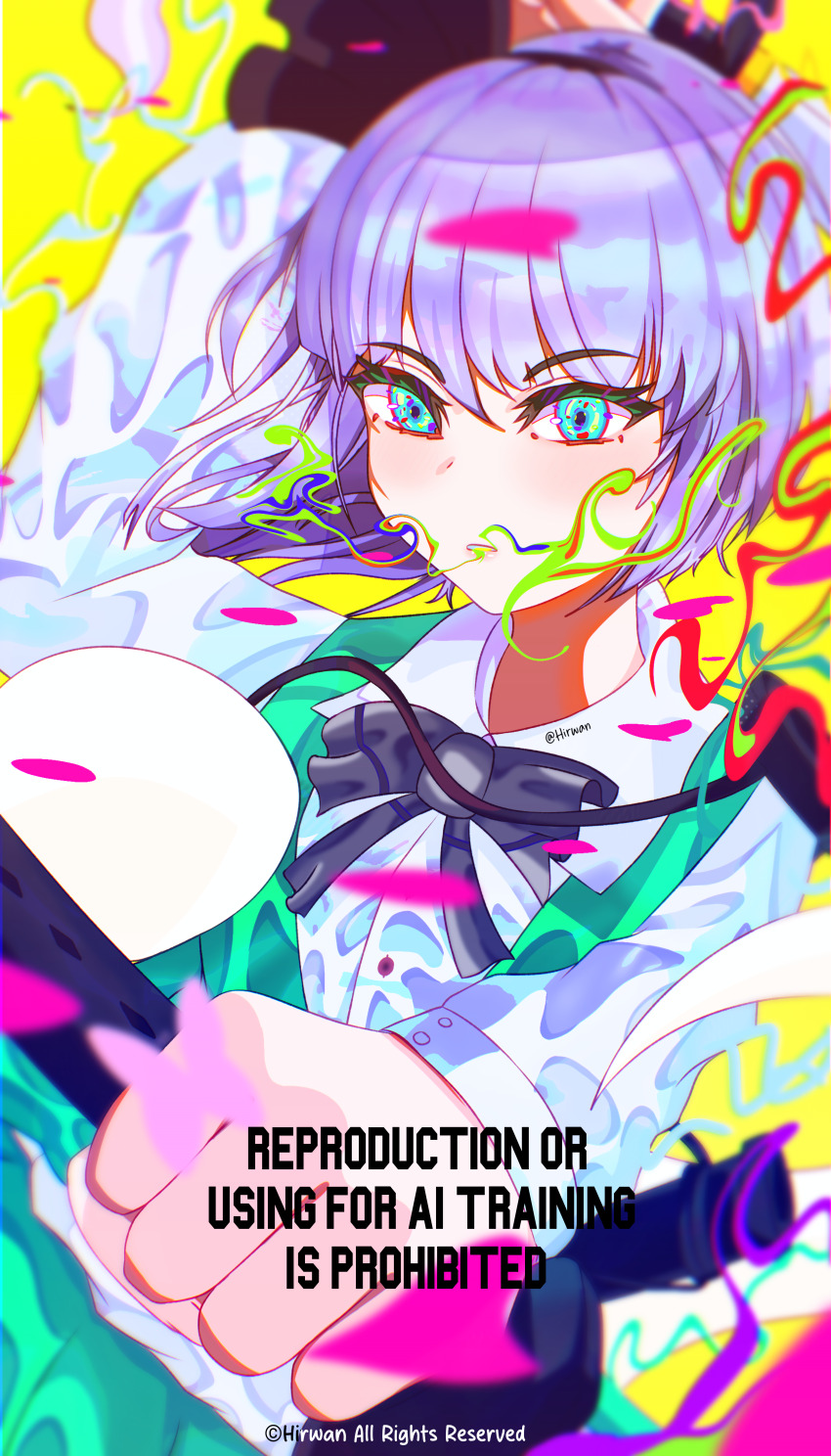 absurdres black_bow black_bowtie bow bowtie breasts bug butterfly flower ghost green_skirt green_vest grey_hair hairband highres hirwannew insect katana konpaku_youmu konpaku_youmu_(ghost) looking_at_viewer medium_breasts pink_butterfly red_flower sheath short_hair skirt sword touhou triangular_headpiece vest weapon