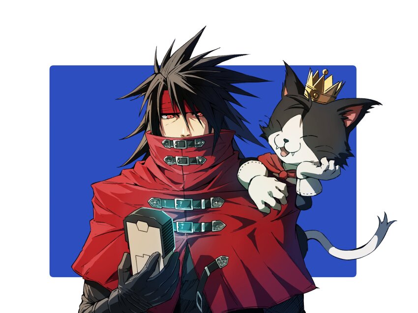 1boy absurdres belt_buckle black_gloves black_hair blue_background border buckle cait_sith_(final_fantasy) cat cloak covered_mouth crown final_fantasy final_fantasy_vii gloves hair_between_eyes headband highres holding long_hair male_focus mini_crown on_shoulder outside_border red_cloak red_eyes red_headband spiked_hair upper_body vincent_valentine white_border white_gloves zupakyo