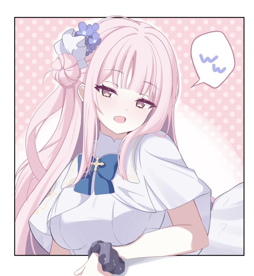1girl black_scrunchie blue_archive blue_bow bow breasts capelet dress eugeo_032 flower hair_bun hair_flower hair_ornament highres long_hair looking_at_viewer mika_(blue_archive) open_mouth pink_hair polka_dot polka_dot_background scrunchie single_side_bun solo upper_body white_capelet white_dress white_wings wings wrist_scrunchie yellow_eyes