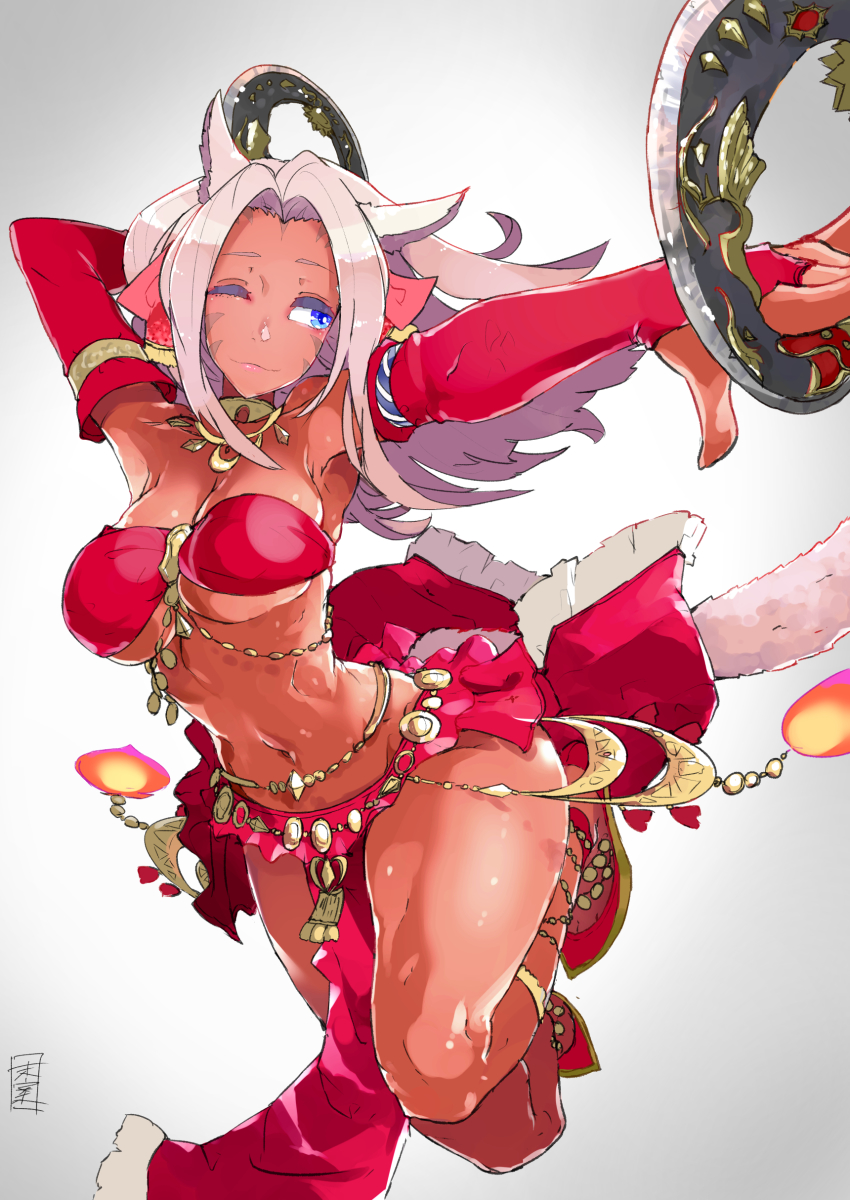 1girl absurdres animal_ears bare_shoulders blue_eyes bridal_gauntlets cat_ears cat_tail chakram closed_mouth dancer dancer_(final_fantasy) dark-skinned_female dark_skin dual_wielding facial_mark female_focus final_fantasy final_fantasy_xiv gloves gradient_background highres holding holding_weapon long_hair mian miqo&#039;te navel one_eye_closed pink_lips red_footwear red_gloves signature smile solo tail weapon