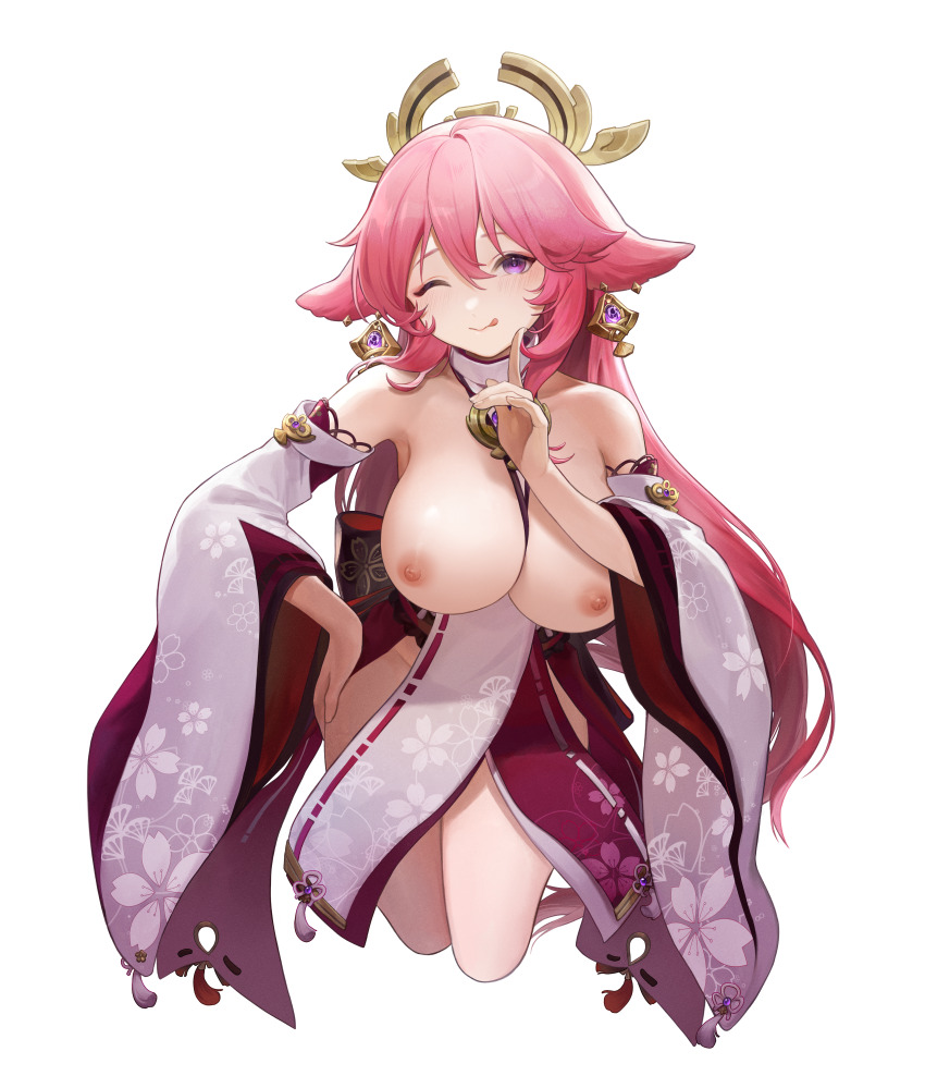 1girl :p absurdres animal_ears bare_shoulders between_breasts blush breasts breasts_out chi_trinh clothes_between_breasts clothes_pull commentary detached_sleeves floppy_ears fox fox_ears fox_shadow_puppet genshin_impact hair_between_eyes hair_ornament highres japanese_clothes jewelry kimono large_breasts long_hair long_sleeves looking_at_viewer miko nipples nontraditional_miko one_eye_closed pink_hair purple_eyes purple_kimono solo tomoe_(symbol) tongue tongue_out vision_(genshin_impact) wide_sleeves yae_miko
