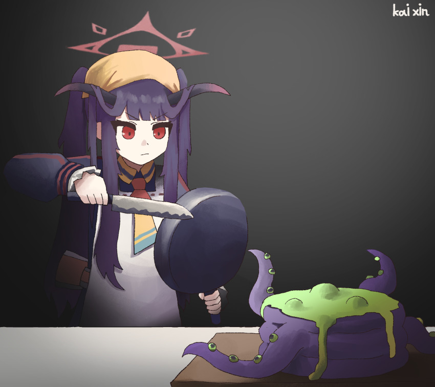 1girl 1other absurdres apron bandeusi!_madinneun_yorireul_haenaegetsseumnida_(meme) black_hair blue_archive blunt_bangs commentary demon_girl demon_horns dual_wielding frying_pan fuuka_(blue_archive) halo headscarf highres holding holding_frying_pan holding_knife horns kai_xin kitchen_knife knife long_hair meme pan-chan_(blue_archive) red_eyes school_uniform sidelocks white_apron