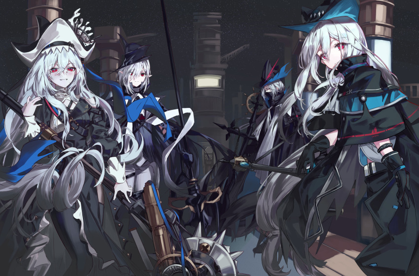 1boy 3girls absurdly_long_hair absurdres arknights black_gloves blush capelet chainsaw ehdghks500 gladiia_(arknights) gloves hat highres holding holding_chainsaw holding_polearm holding_sword holding_weapon long_hair looking_at_viewer multiple_girls parted_lips polearm red_eyes serious skadi_(arknights) smile specter_(arknights) specter_the_unchained_(arknights) sword tricorne ulpianus_(arknights) very_long_hair weapon white_hair