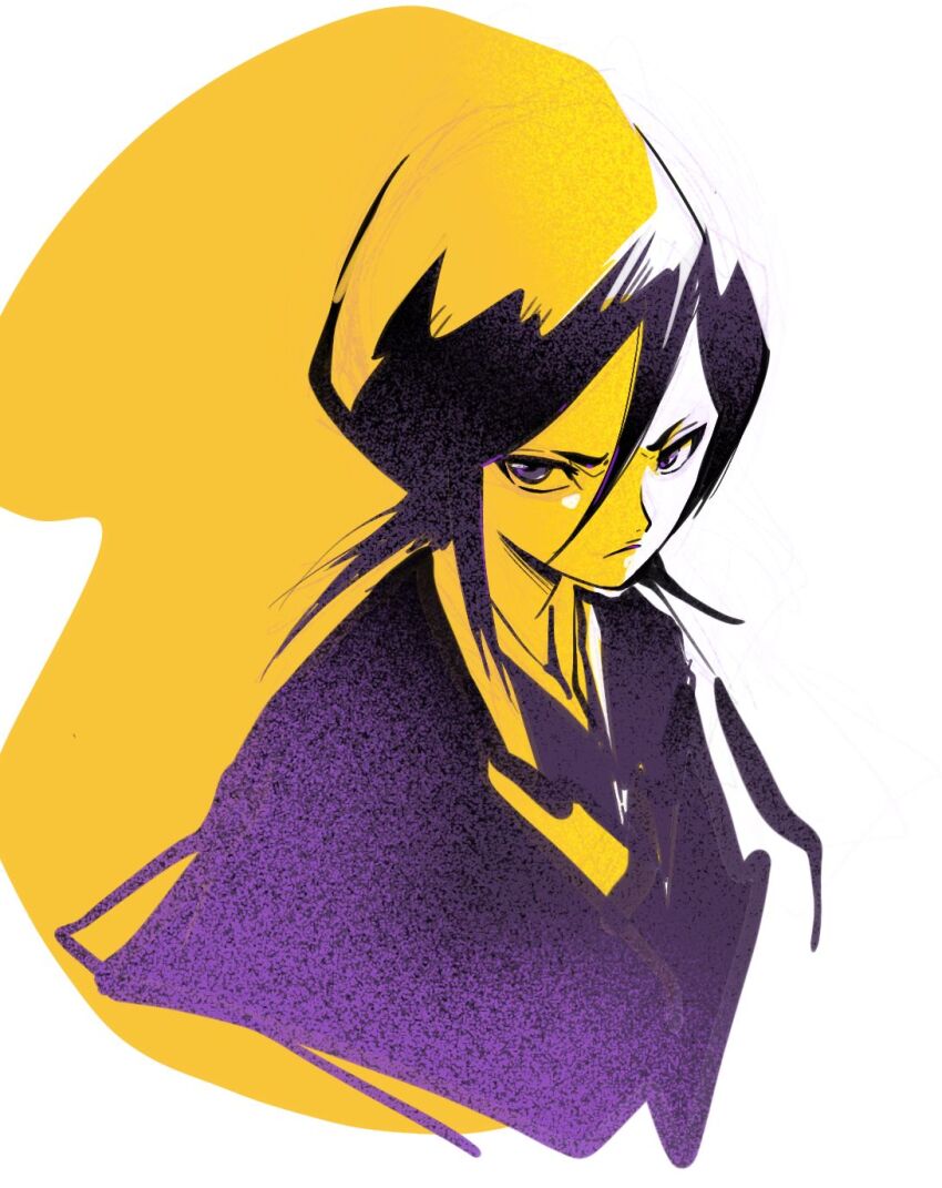 1girl bleach closed_mouth commentary_request fengcheche hair_between_eyes highres japanese_clothes kimono kuchiki_rukia limited_palette looking_at_viewer medium_hair purple_eyes purple_kimono simple_background solo upper_body