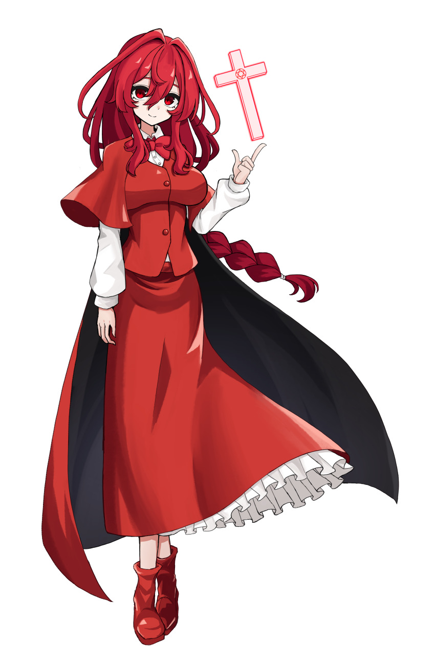 1girl absurdres braid braided_ponytail breasts cape closed_mouth commentary_request cross dress frilled_dress frills full_body highres long_hair long_sleeves looking_at_viewer okazaki_yumemi red_cape red_eyes red_hair red_shirt red_skirt shaded_face shirt simple_background skirt smile solo tachi-e touhou touhou_(pc-98) variant_set white_background yabuhebi1067