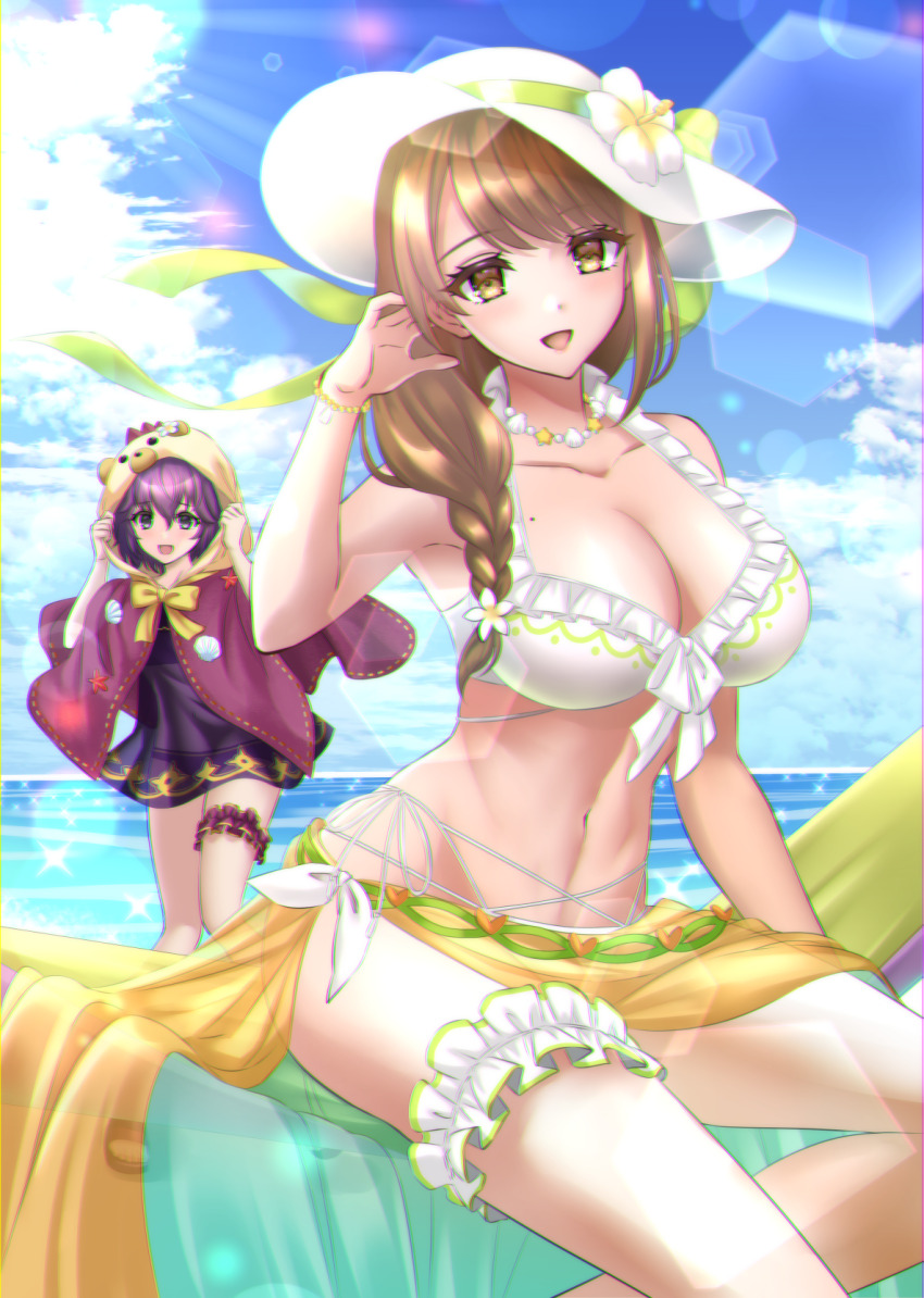 2girls :d animal_hood bare_shoulders bear_hood bernadetta_von_varley bernadetta_von_varley_(summer) bikini blue_sky bow braid breasts brown_eyes brown_hair cleavage cloak cloud day dress fire_emblem fire_emblem:_three_houses fire_emblem_engage fire_emblem_heroes frilled_thigh_strap goldmary_(fire_emblem) goldmary_(summer)_(fire_emblem) hat highres hood hooded_cloak kakiko210 large_breasts long_hair looking_at_viewer mole mole_on_breast multiple_girls navel nintendo ocean official_alternate_costume open_mouth outdoors purple_bikini purple_cloak purple_dress purple_hair sarong see-through_clothes short_dress side_ponytail sitting sky smile stomach swimsuit thigh_strap thighs white_bikini white_hat yellow_bow