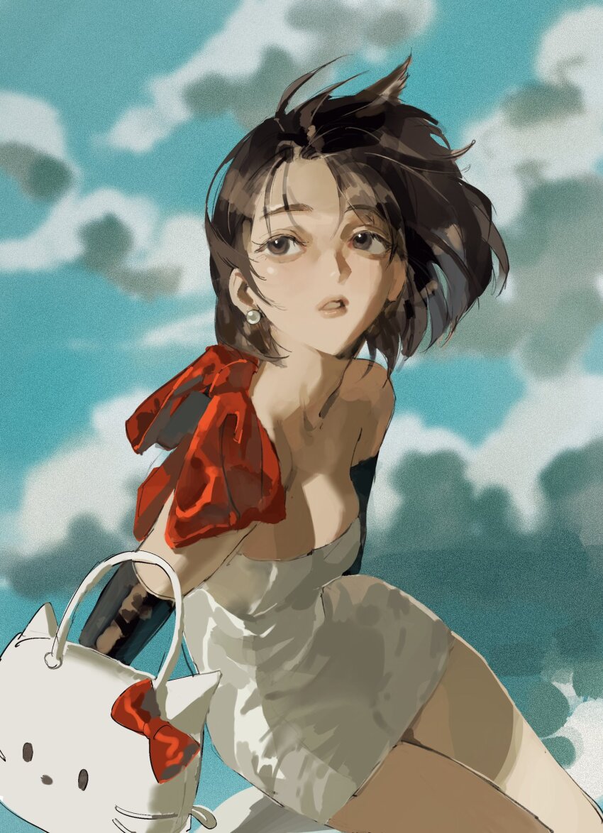 1girl alien_stage alternate_costume black_eyes black_gloves black_hair bow cloud cloudy_sky commentary dress earrings elbow_gloves floating_hair gloves hashtag-only_commentary hello_kitty highres jewelry kakyoriya looking_up parted_lips pearl_earrings red_bow sanrio short_dress sitting sky solo strapless strapless_dress sua_(alien_stage) white_bag white_dress